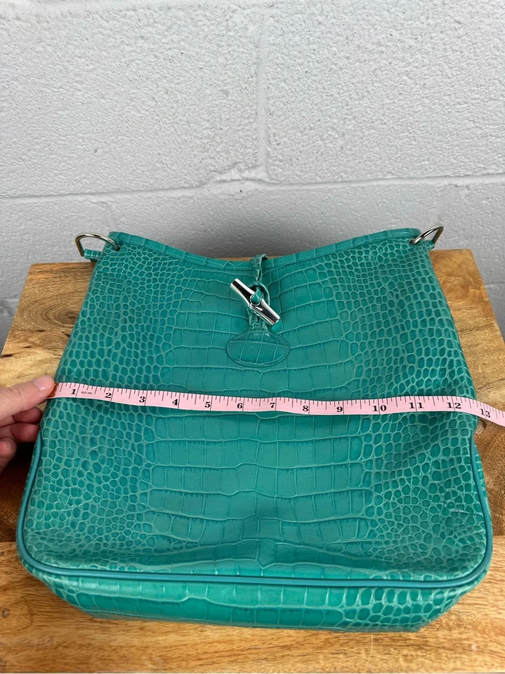 Longchamp Roseau Croc Embossed Leather Shoulder Bag Turquoise Teal France